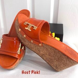 TORY BURCH ~ Orange Cork Wedge Slip On Sandals w/Gold TB Hardware size 9